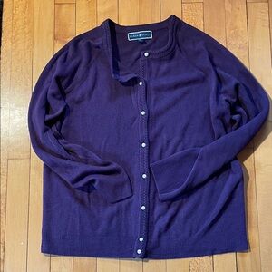Karen Scott Deep Purple Pearl-Style Button Cardigan